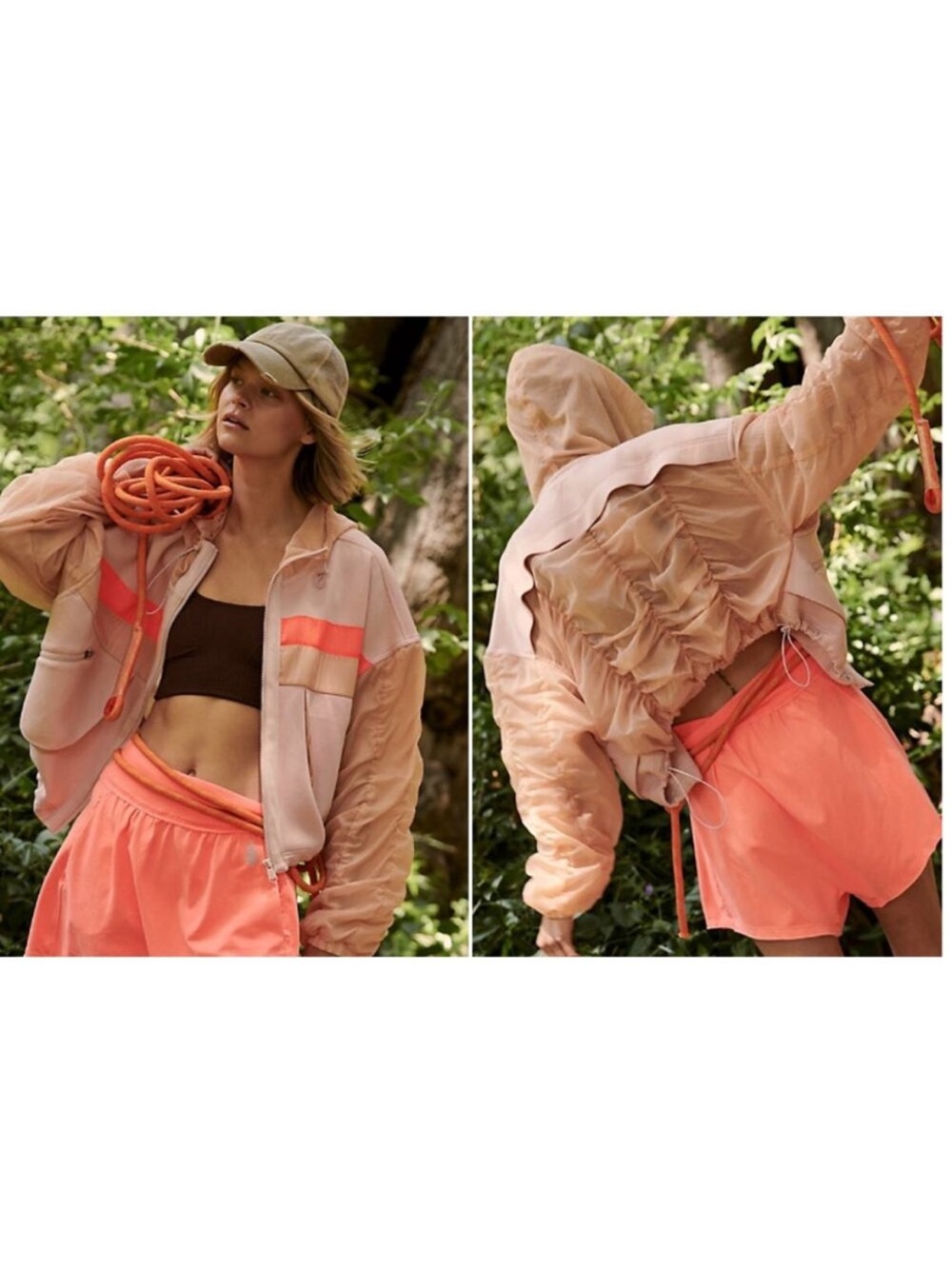 Free People Peach Women's Oversized Hooded Bomber Jacket with Neon Accent